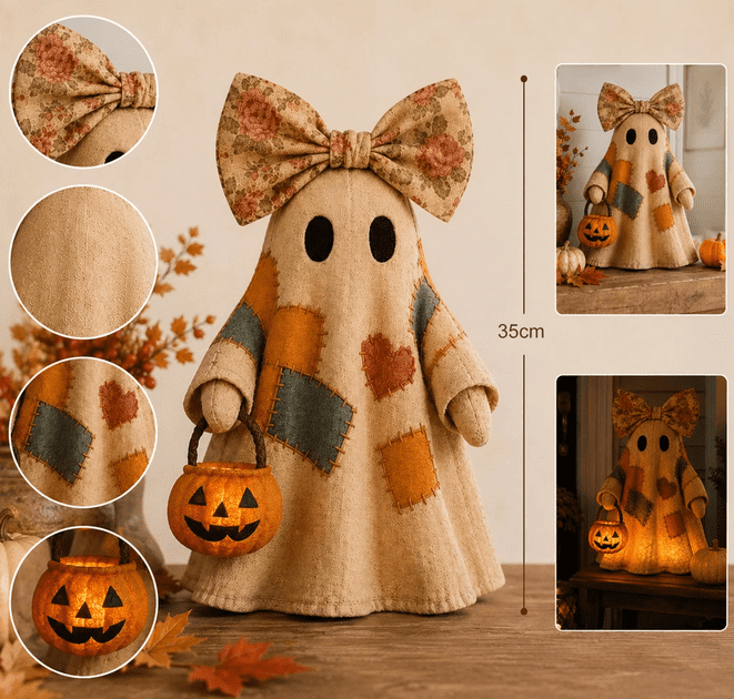 Haunt & Co 1PCS 13.78 inch Lighted Vintage Patchwork Ghost, Portable LED Glowing Ghost, Cute Halloween Ornament with Patchwork Design for Home Party