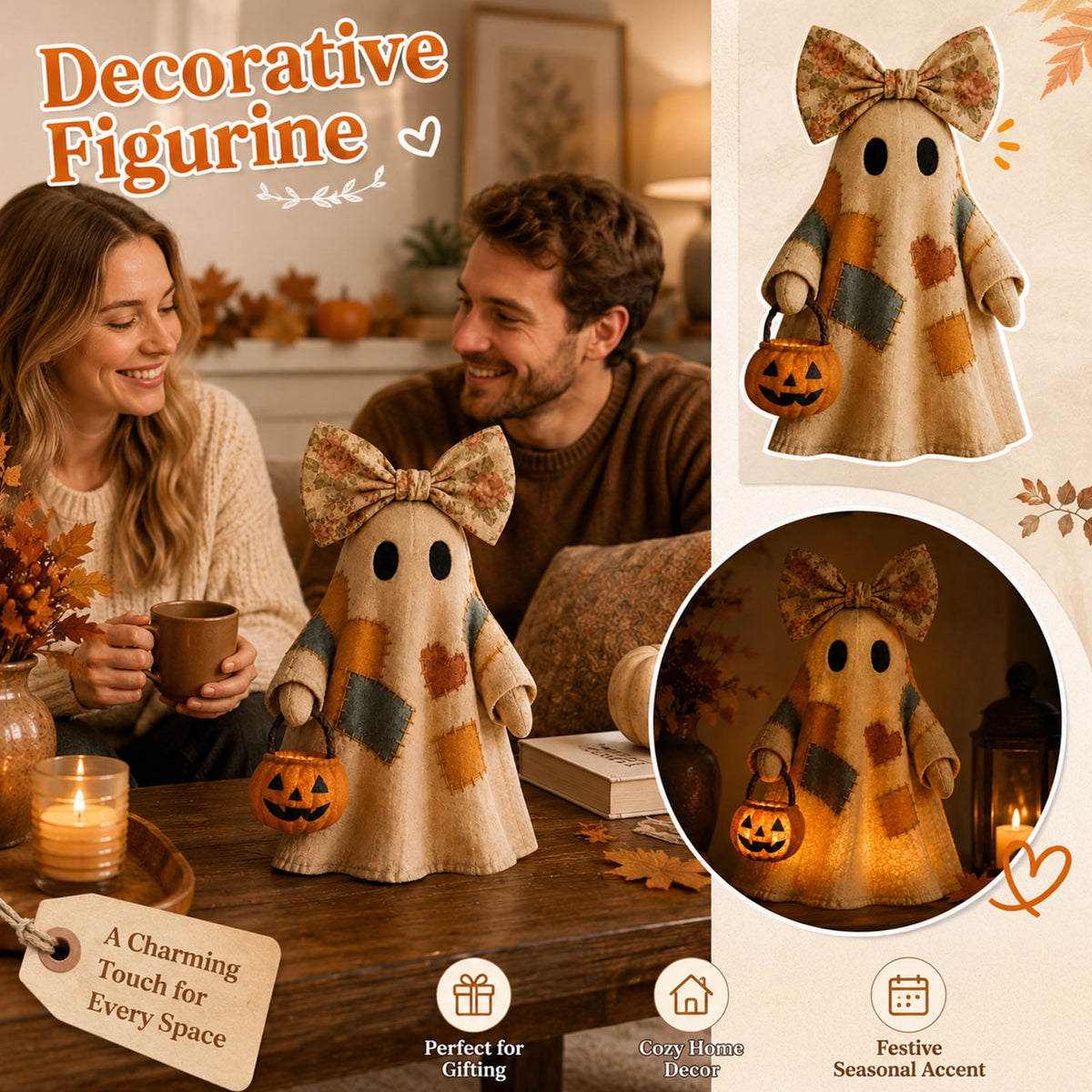 Haunt & Co 1PCS 13.78 inch Lighted Vintage Patchwork Ghost, Retro Quilted Light Up Figurine, Farmhouse Style Halloween Ornament for Seasonal Home Display