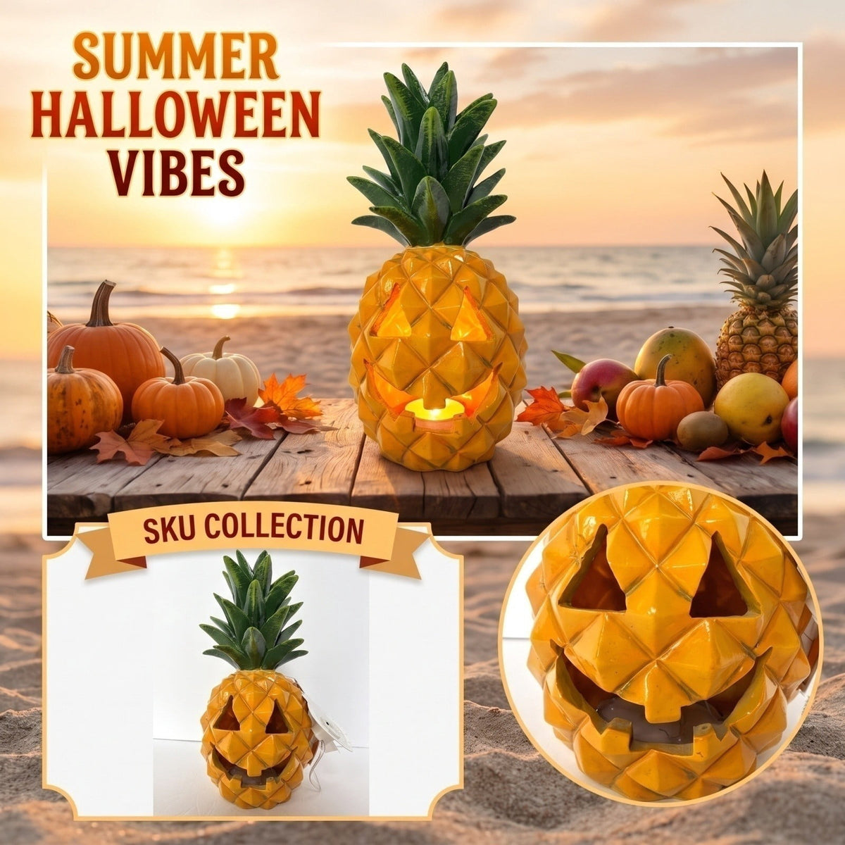 Haunt & Co Halloween Decor Figurine, Pineapple Pumpkin Ornament with Bright Colors, Summer Party Table Centerpiece and Holiday Home Accent