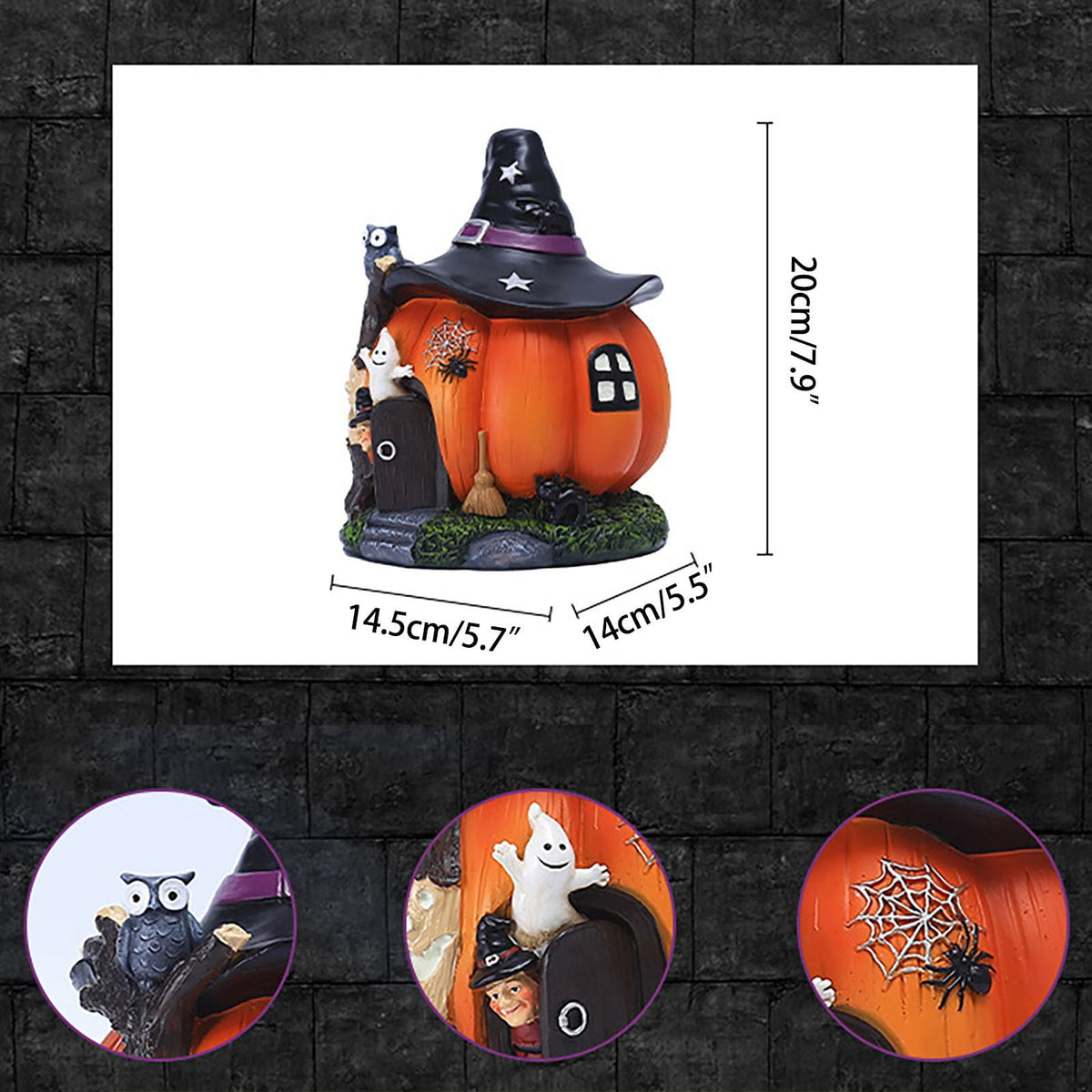 Haunt & Co Luminous Resin Witch Pumpkin House Figurine, Intricate Details Stable Resin Warm Built In Lighting, Festive Desktop Ornament, Craft for Living Room Porch Halloween Party Space
