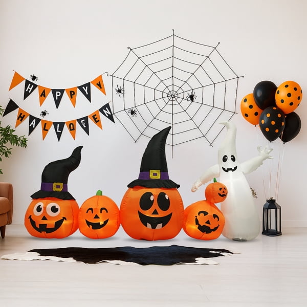 Haunt & Co 8FT Halloween Inflatable Pumpkin Ghost Scene, 5 Total LEDs, Waterproof Polyester, Quick Inflation with Stakes/Ropes