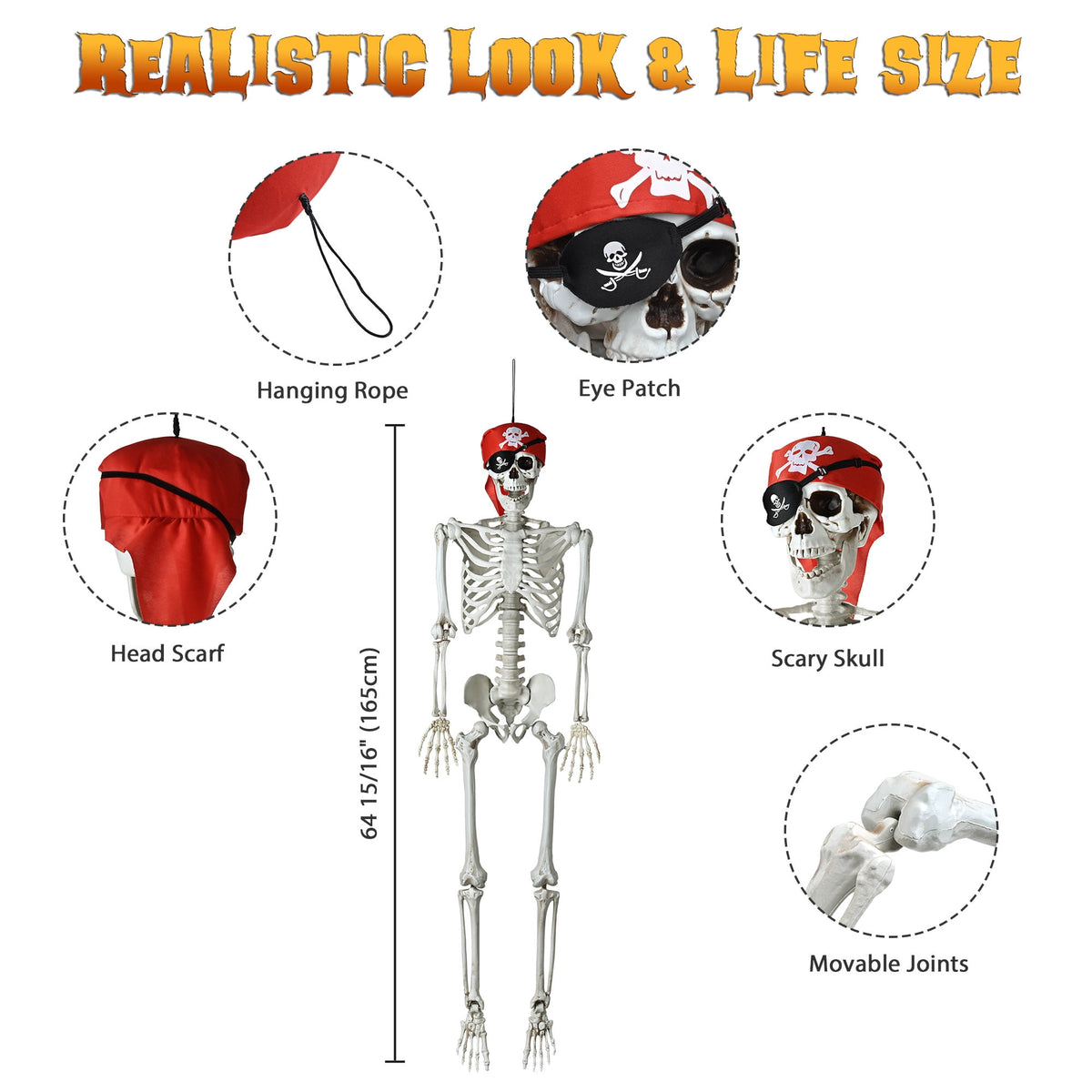 Haunt & Co Yescom Pirate Life Size Skeleton Poseable Full Size 5.6 Ft Haunted House 2026
