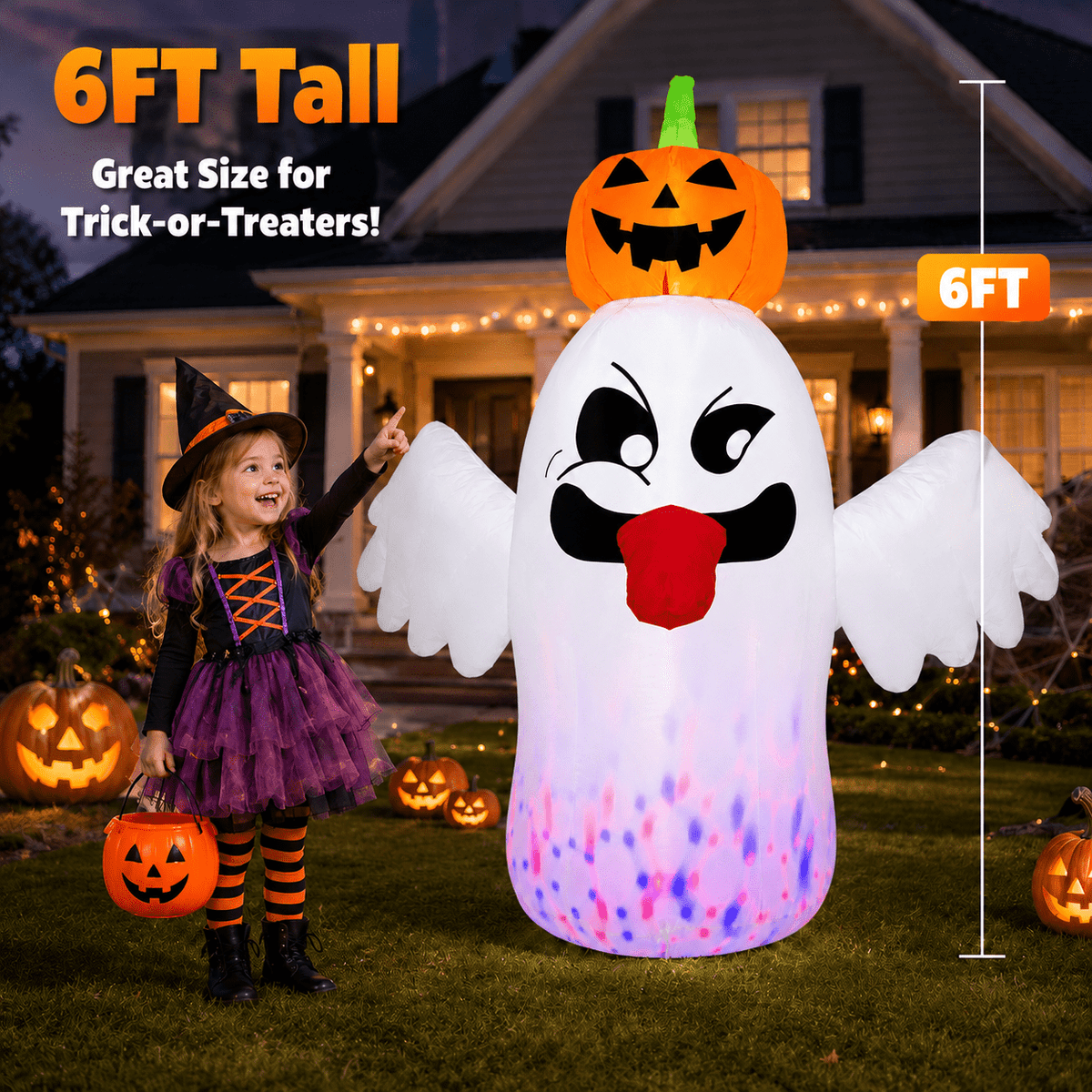 Haunt & Co 6FT Halloween Inflatable Ghost with Pumpkin Head, Light-Up Blow Up Outdoor Yard Decoration with White and RGB LED Lights