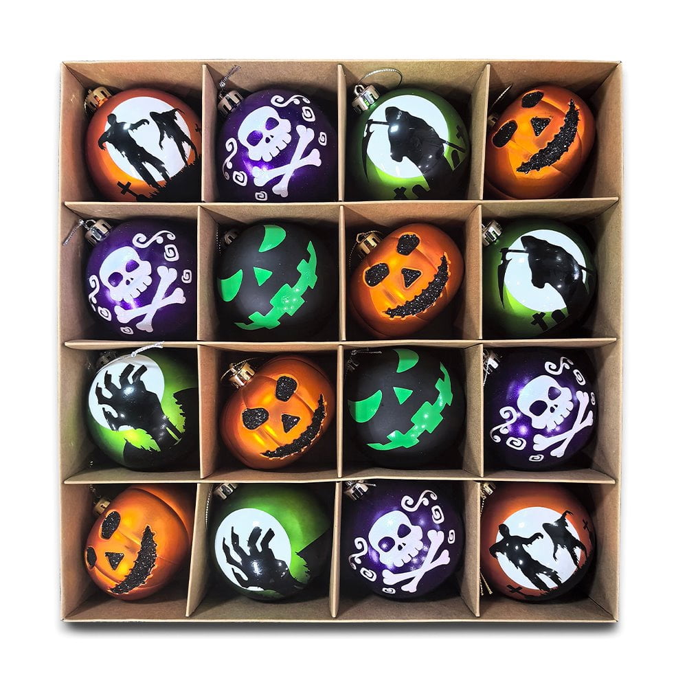 Haunt & Co The Face of Spooky Horror 16 Piece Ornament Shatterproof Bundle Set, Halloween Pumpkin, Zombie, and Goblin