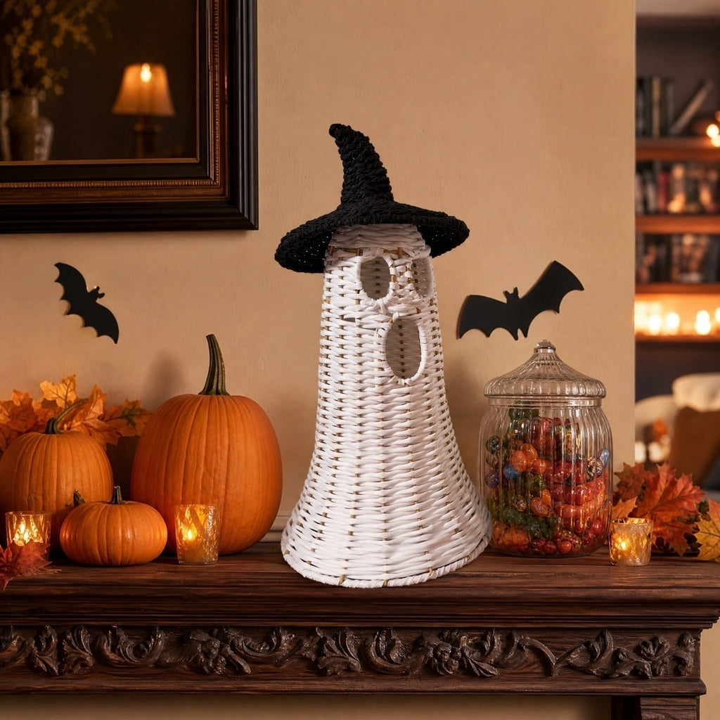 Haunt & Co White Ghost with Witch Hat, Ghost Ornaments Holiday Home Decor Halloween Tabletop Cute Ghost Figurines for Party Mantel Shelf Display Festive Celebrations