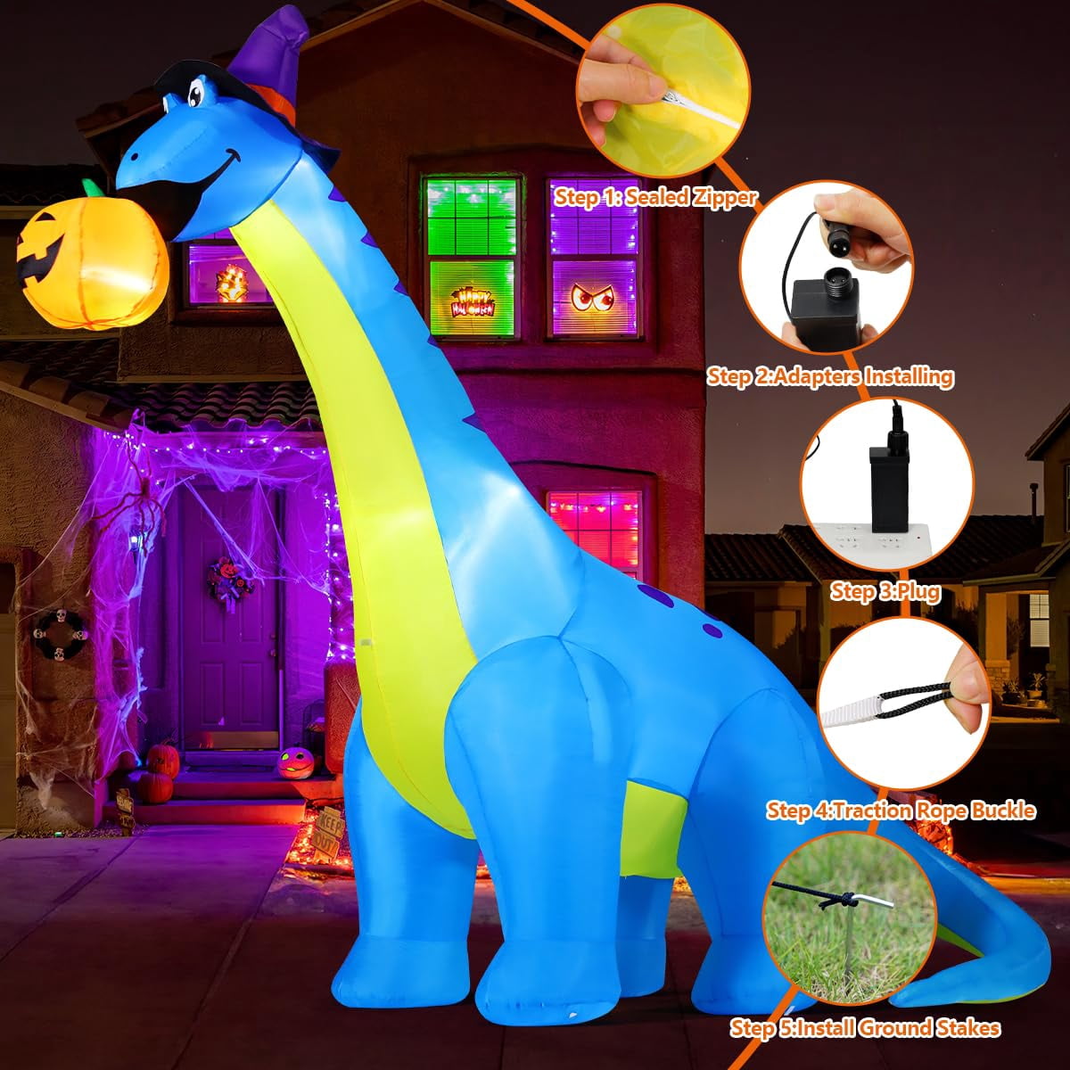 Haunt & Co COMIN Halloween Inflatables 10 FT Tall Dinosaurs Eating Pumpkin Blow Up Yard Decoration with Built-in LED