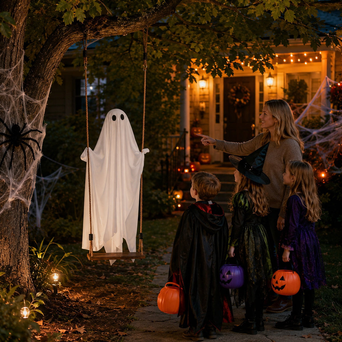 Haunt & Co Halloween 6 ft Hanging Swing Ghost with Remote Control and Lights, Outdoor , Outdoor Decor Spooky Cute Ghosts Decoration Flying Props for Tree Porch Yard Garden Lawn House