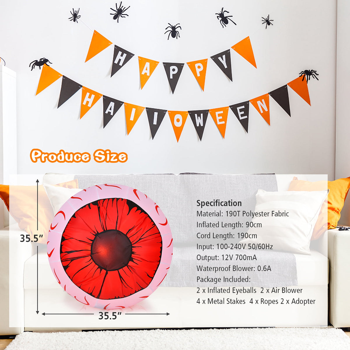 Haunt & Co Costway 2 Pack 3 FT Halloween Inflatable Eyeballs w/ Air Blower & Red LED Lights