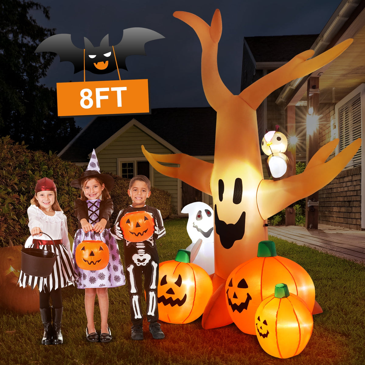 Haunt & Co 8FT Halloween Inflatables Dead Tree,Outdoor with Built-in LED Lights,Halloween Blow Up Yard Decorations with Pumpkin,Ghost,and Owl