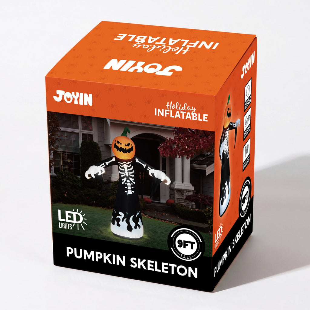 Haunt & Co 9 ft Halloween Inflatables Pumpkin Skeleton Decorations with Built-in LED Lights,Large Blow Up Decoration