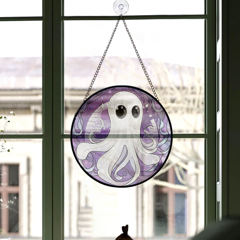 Haunt & Co Modern Christmas Gift - Halloween White Ghost Purple Starss Spooky Stained Glass Hanging Ornament for Christmas - Holiday Tree Decor, Great Gift for Family & Friends, Mom and Dad Edition 2025