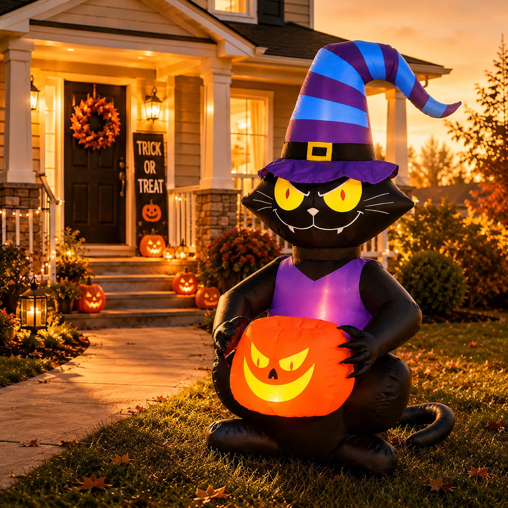 Haunt & Co Toiyjofe 6ft Halloween Inflatable Black Cat with Jack-o'-Lantern & LED Lights, Trick-or-Treat Yard Decoration with Witch Hat