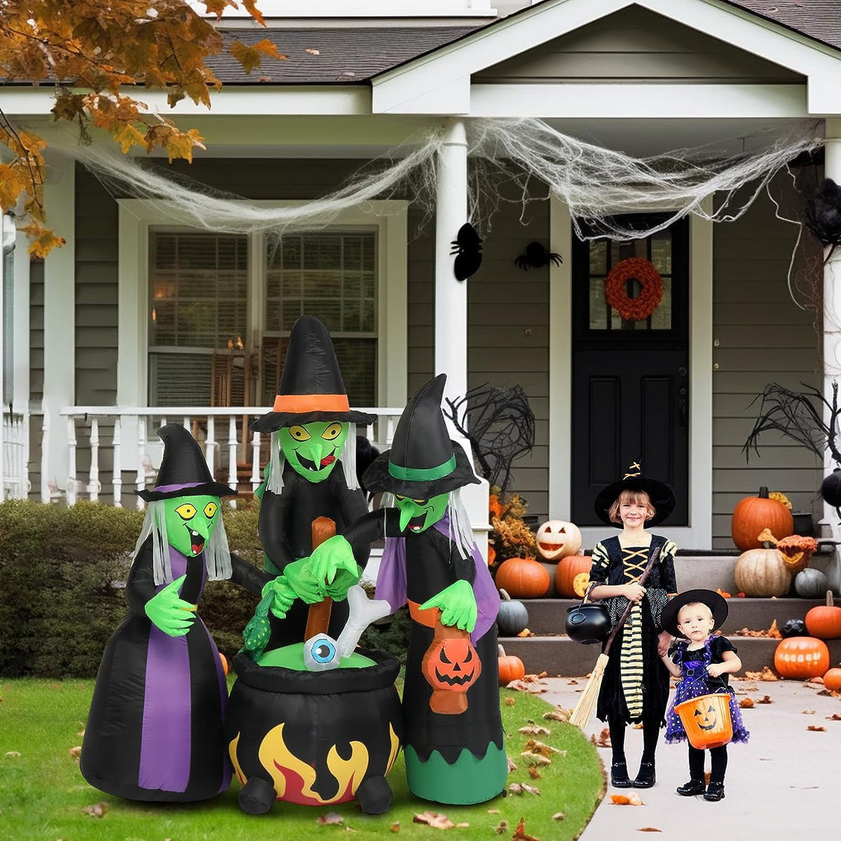 Haunt & Co VINGLI 6FT High Halloween Inflatables Outdoor Decorations, Blow Up Scary 3 Witches , Built-in LED Lights Décor