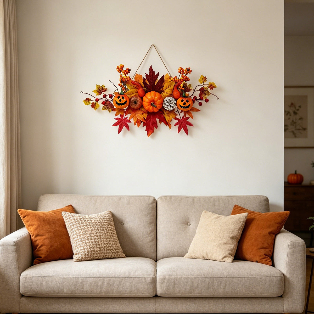 Haunt & Co Gaecuw Halloween Maple Leaf Pumpkin Hanging Decor Fall Festival Wall Ornament for Front Door Party Indoor Supplies