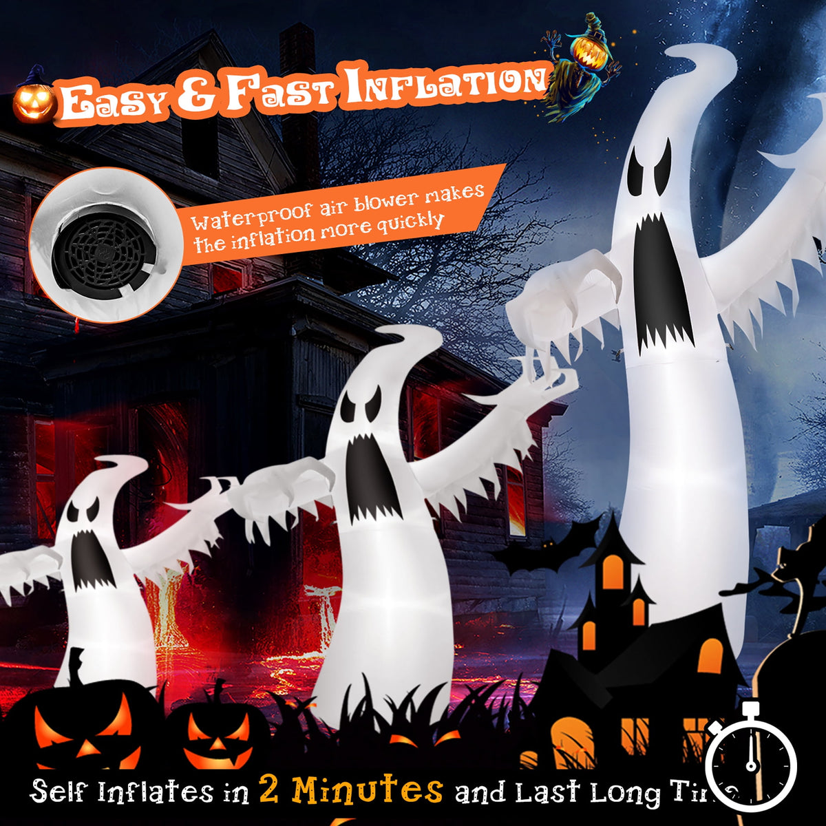 Haunt & Co Costway 12ft Halloween Inflatable Ghost Quick Blow up w/LED Lights Outdoor Yard Scary Decoration