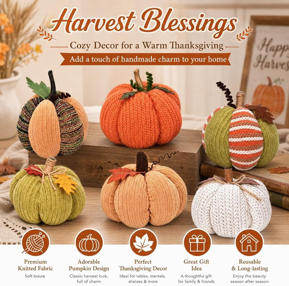 Haunt & Co Knitted Pumpkin Decor, Fall Harvest Crochet Pumpkins, Cute Knit Pumpkin Ornaments for Halloween Thanksgiving Home Decor, Fall Room Mantel Table Decoration (RL)