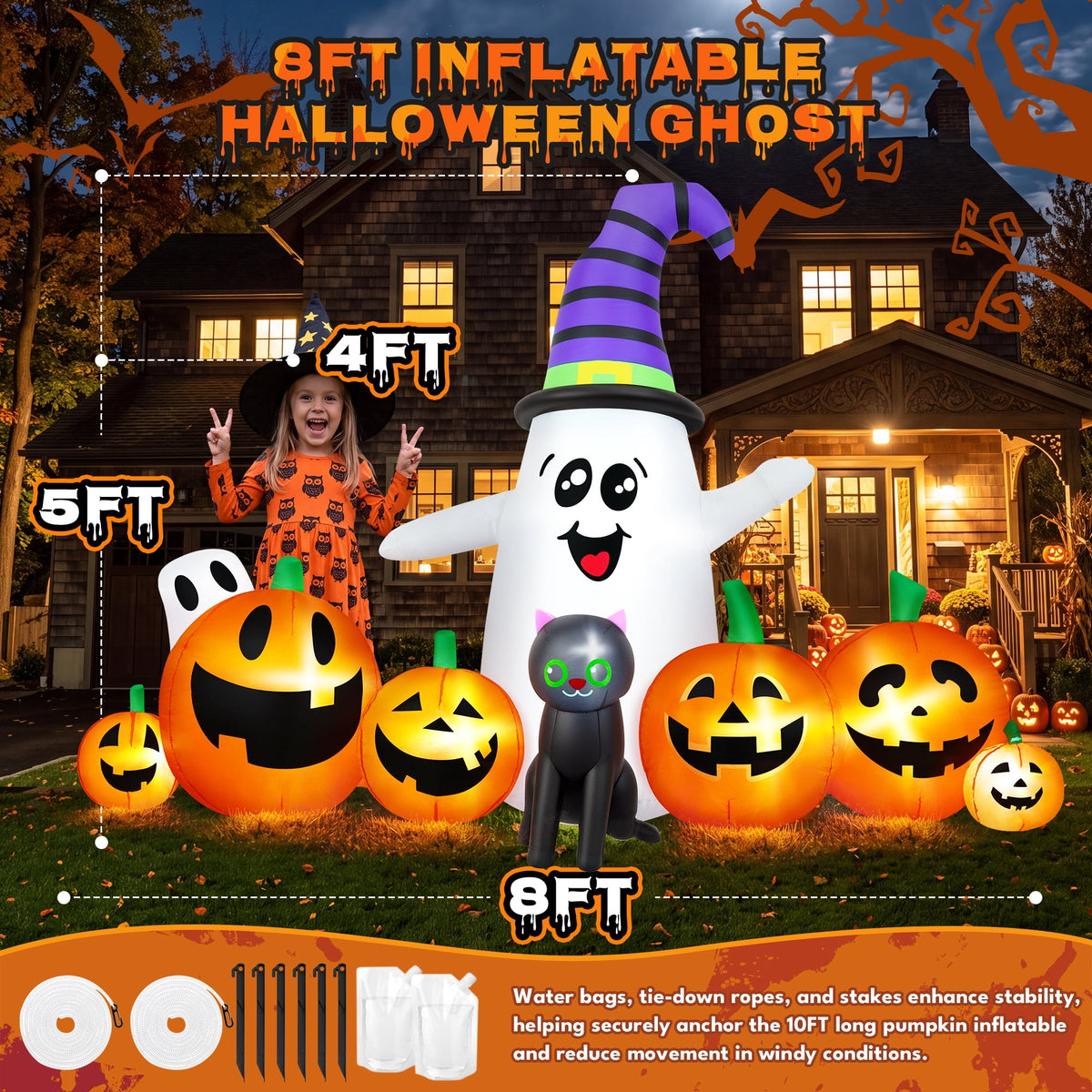 Haunt & Co 8 FT Long Halloween Inflatable Ghost with Witch Hat, 6 Pumpkins Halloween Blow Ups with Black Cat