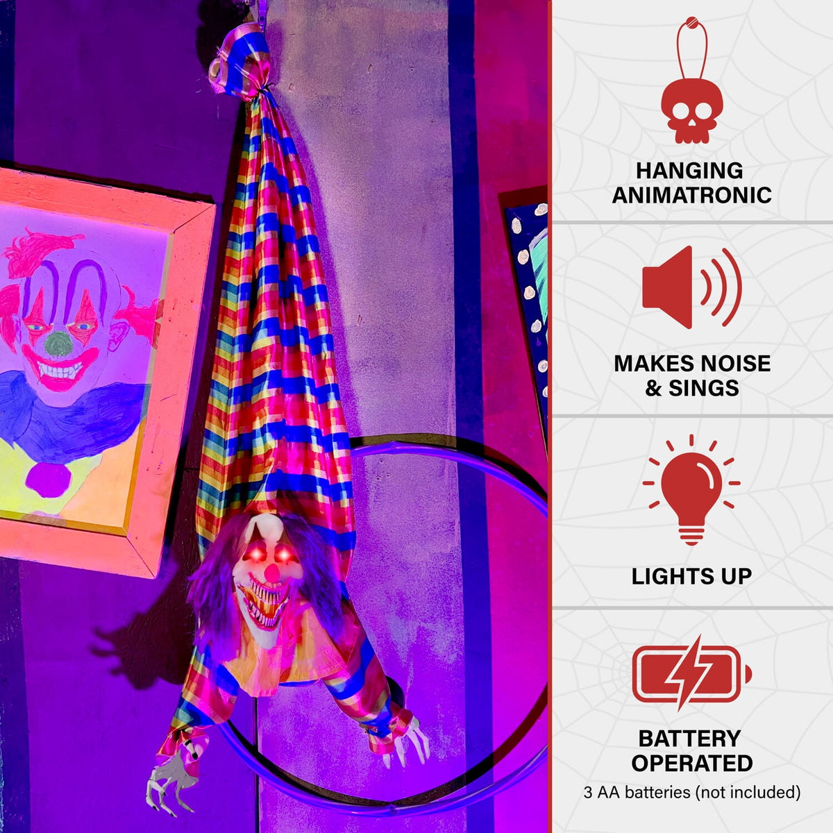Haunt & Co 47 in Animatronic Hanging Upside Down Clown with Lights and Sound