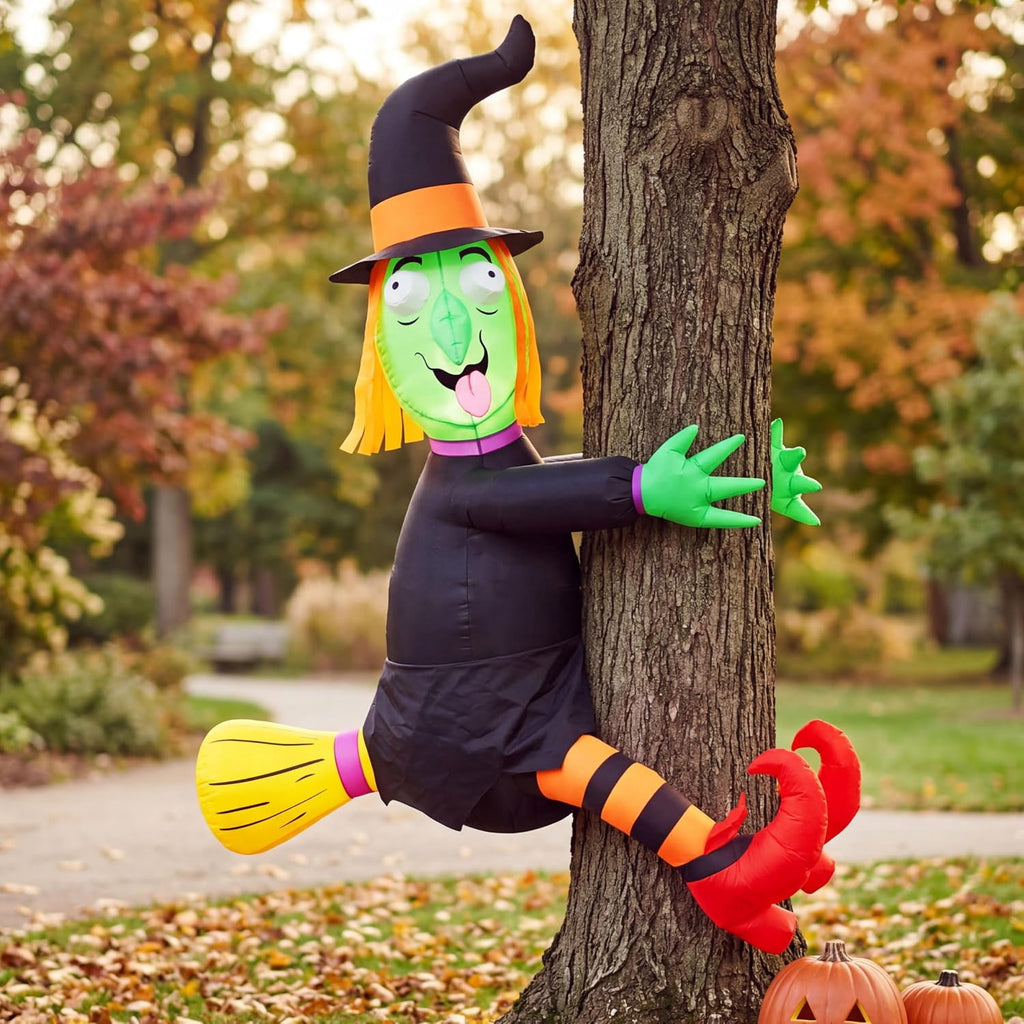 Haunt & Co 4 FT Halloween Inflatables Witch Crashing Into Tree,LED Lighted Blow Up Yard Decoration