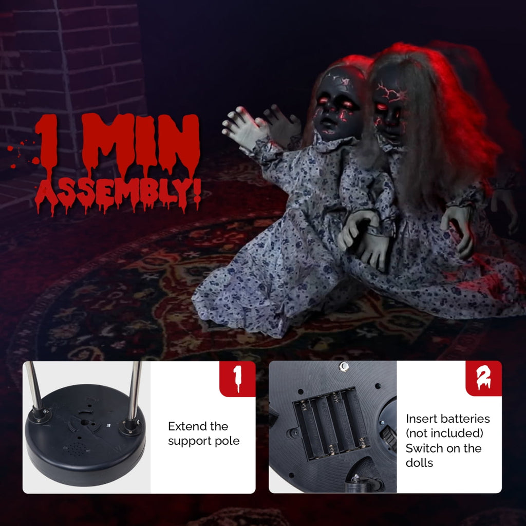 Haunt & Co 2.8ft Halloween Scary Yard Decorations, Twin Girls Halloween Standing Decoration, Animated Haunted House Halloween Party Prop Decoration, with Creepy Sounds