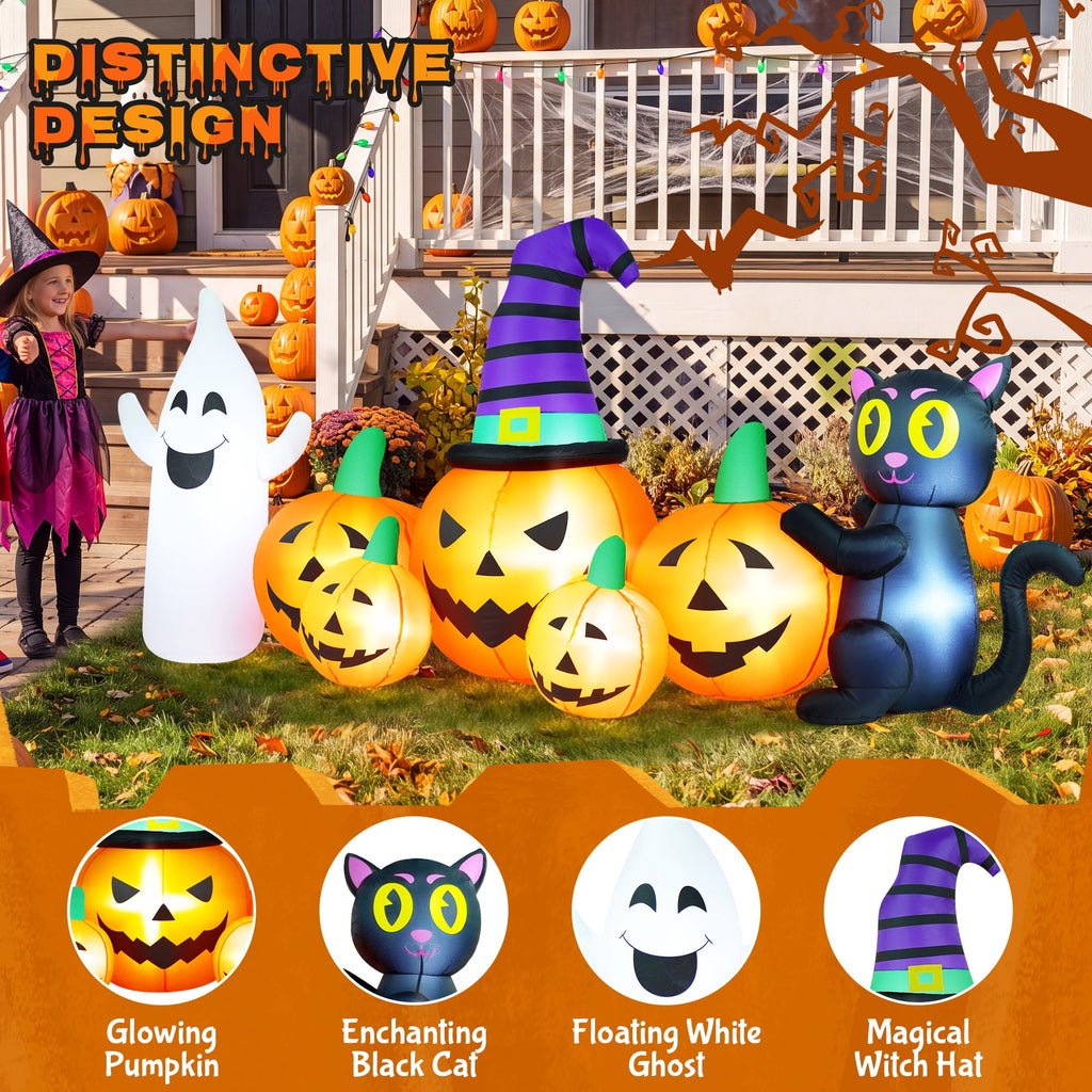 Haunt & Co 8FT Long Halloween Inflatable Pumpkin with Ghost and Black Cat,Outdoor with LED Lights