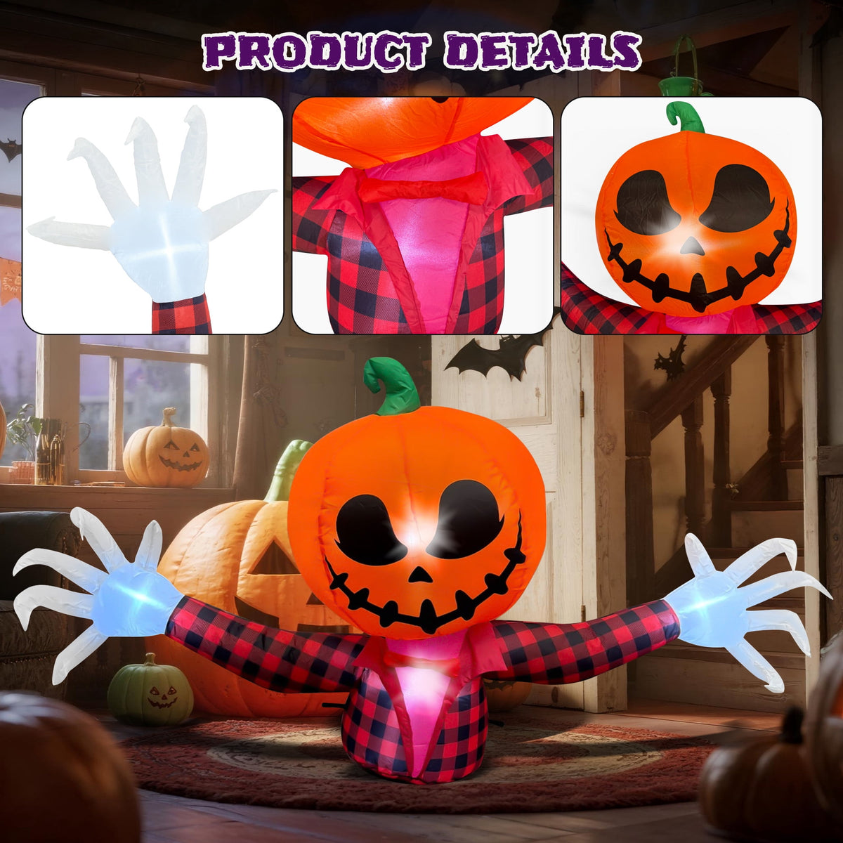 Haunt & Co 5 FT Halloween Inflatable Pumpkin Ghost - Outdoor LED Blow-Up Decoration with Giant Arms, Light-Up Eyes, Waterproof Yard Decor