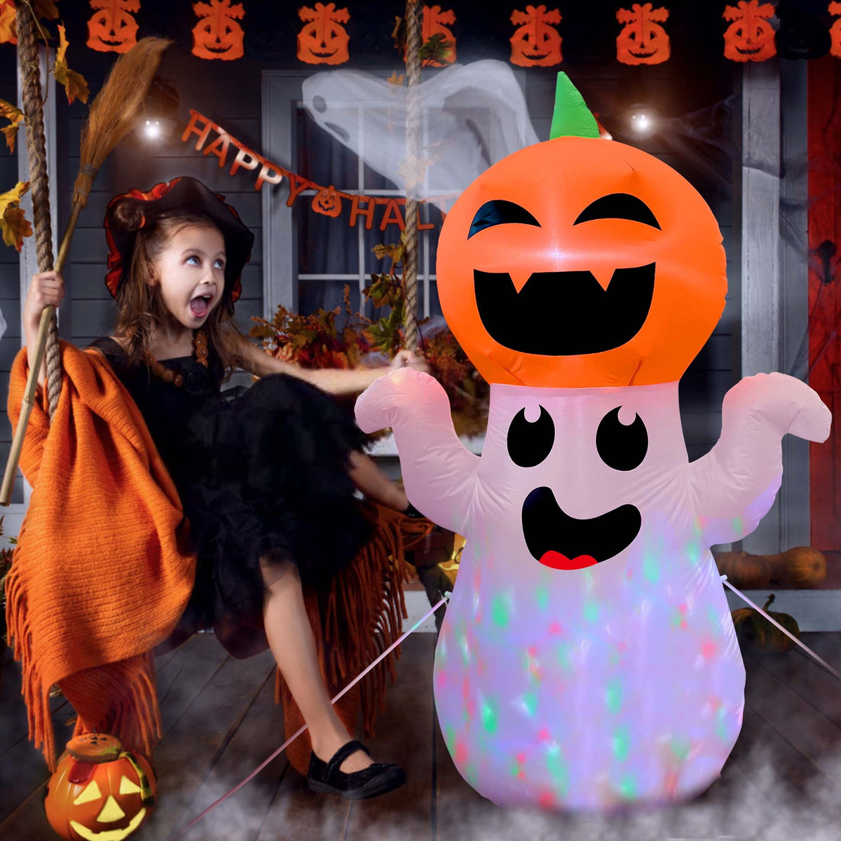 Haunt & Co 5Ft Halloween Inflatable Pumpkin Ghost with 360° Rotating Colorful LED Lights, Cute Indoor/Outdoor Decor