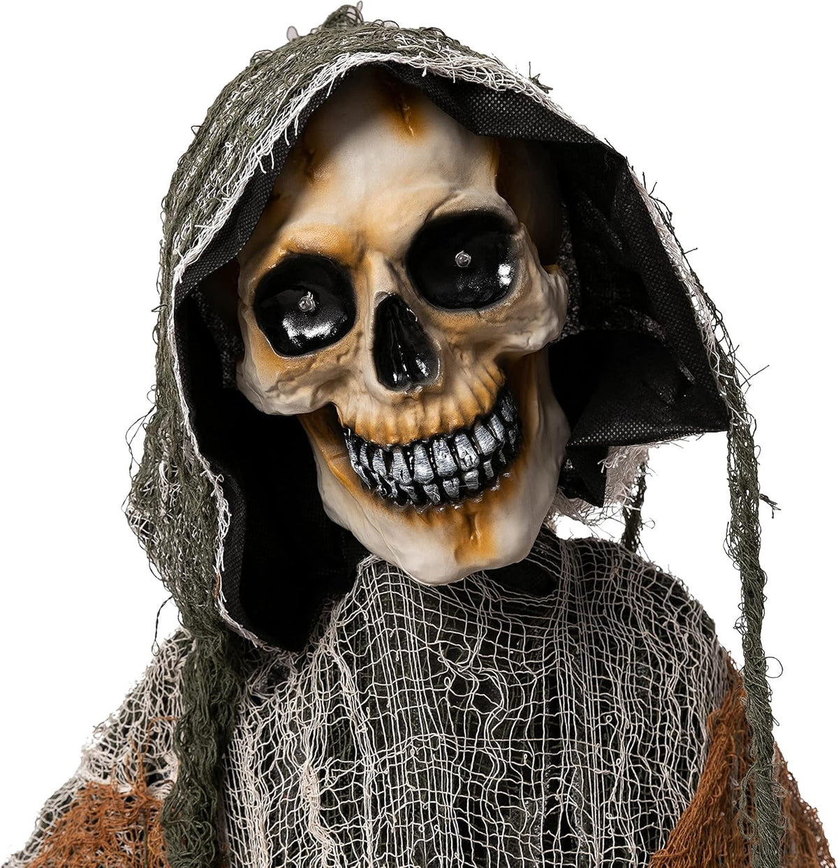 Haunt & Co 67" Standing Grim Reaper with Chain, Large Outdoor, Life Size Animatronics Skelton, Sound-Actived Party Decor with Creepy Sound & LED Eyes, Scary Haunted House Props