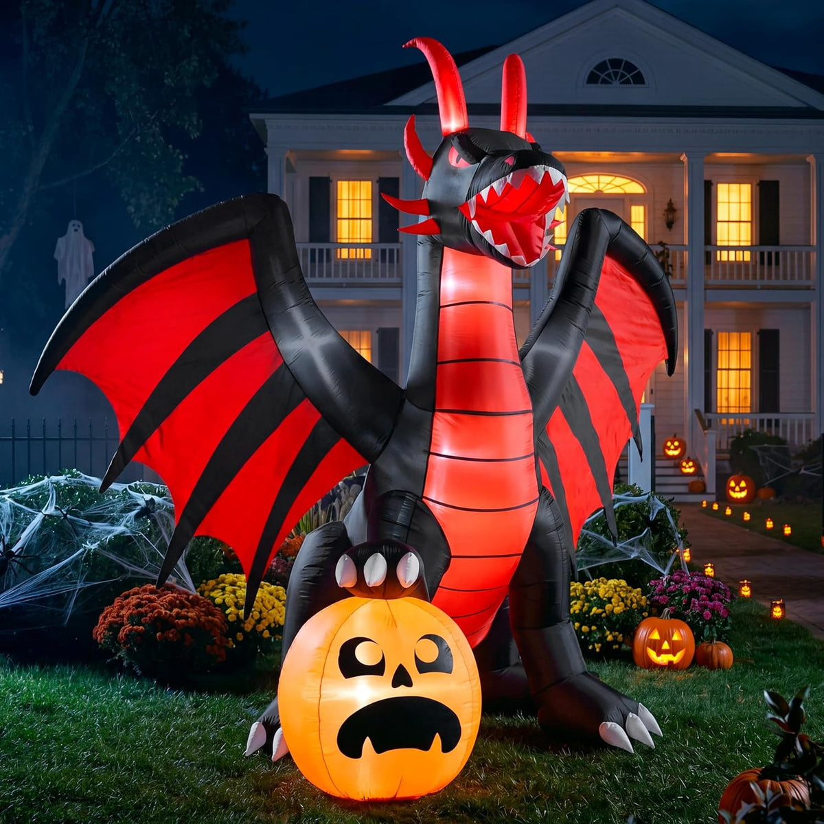 Haunt & Co 8 ft Halloween Inflatable Fire Dragon with Pumpkin,Animated Moving Mouth & Internal LED Lights, Outdoor Lawn Garden Indoor Porch Patio Spooky