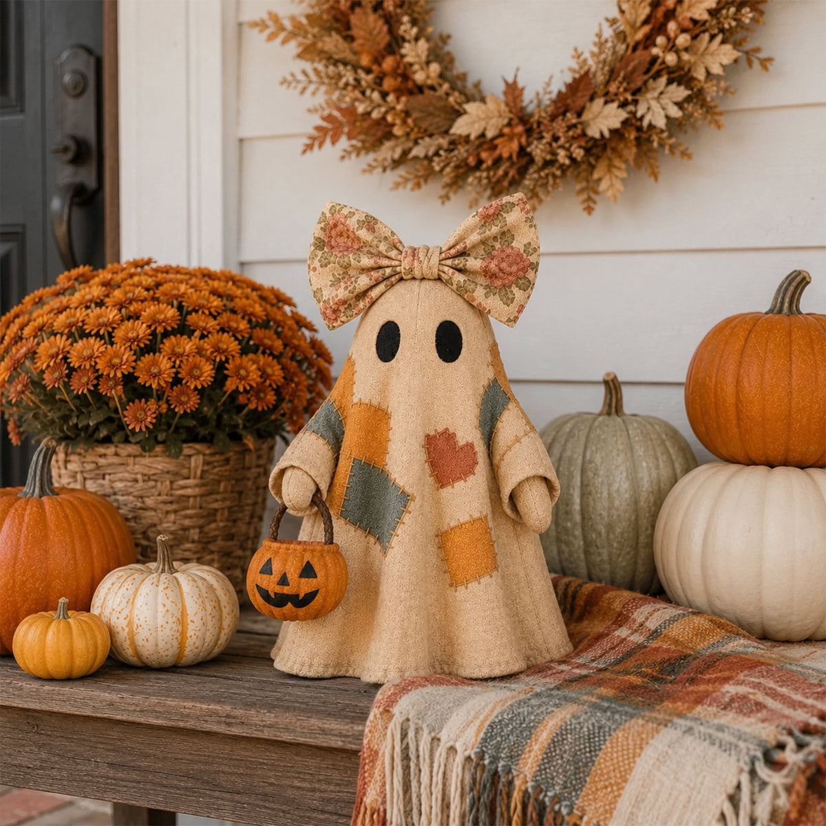 Haunt & Co 1PCS 13.78 inch Lighted Vintage Patchwork Ghost, Retro Quilted Light Up Figurine, Farmhouse Style Halloween Ornament for Seasonal Home Display