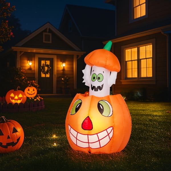 Haunt & Co 2.8FT Halloween Inflatable Animated Pumpkin Ghost, 2 White LED Lights, Weather-Resistant Polyester, for Small Spaces/Accent Decor