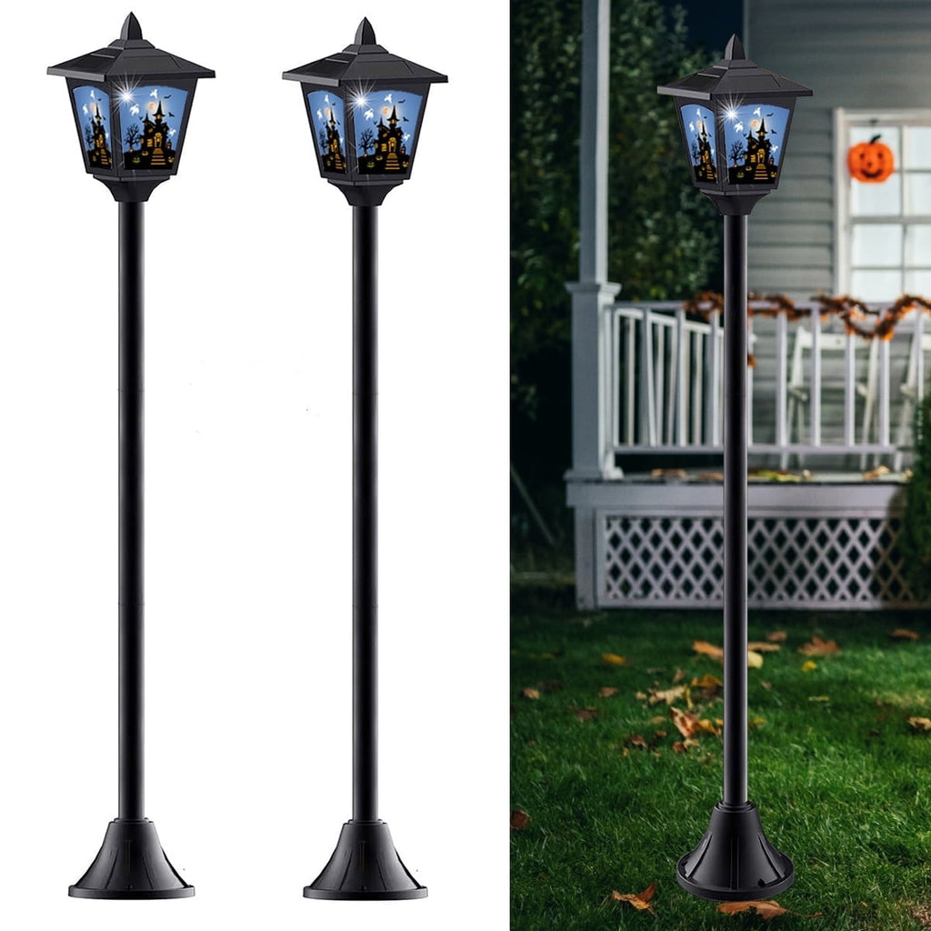 Haunt & Co 2-Pack Haunted House Solar Post Lights - Spooky with Eerie Glow, 40" Rust-Proof Stake, Auto On/Off