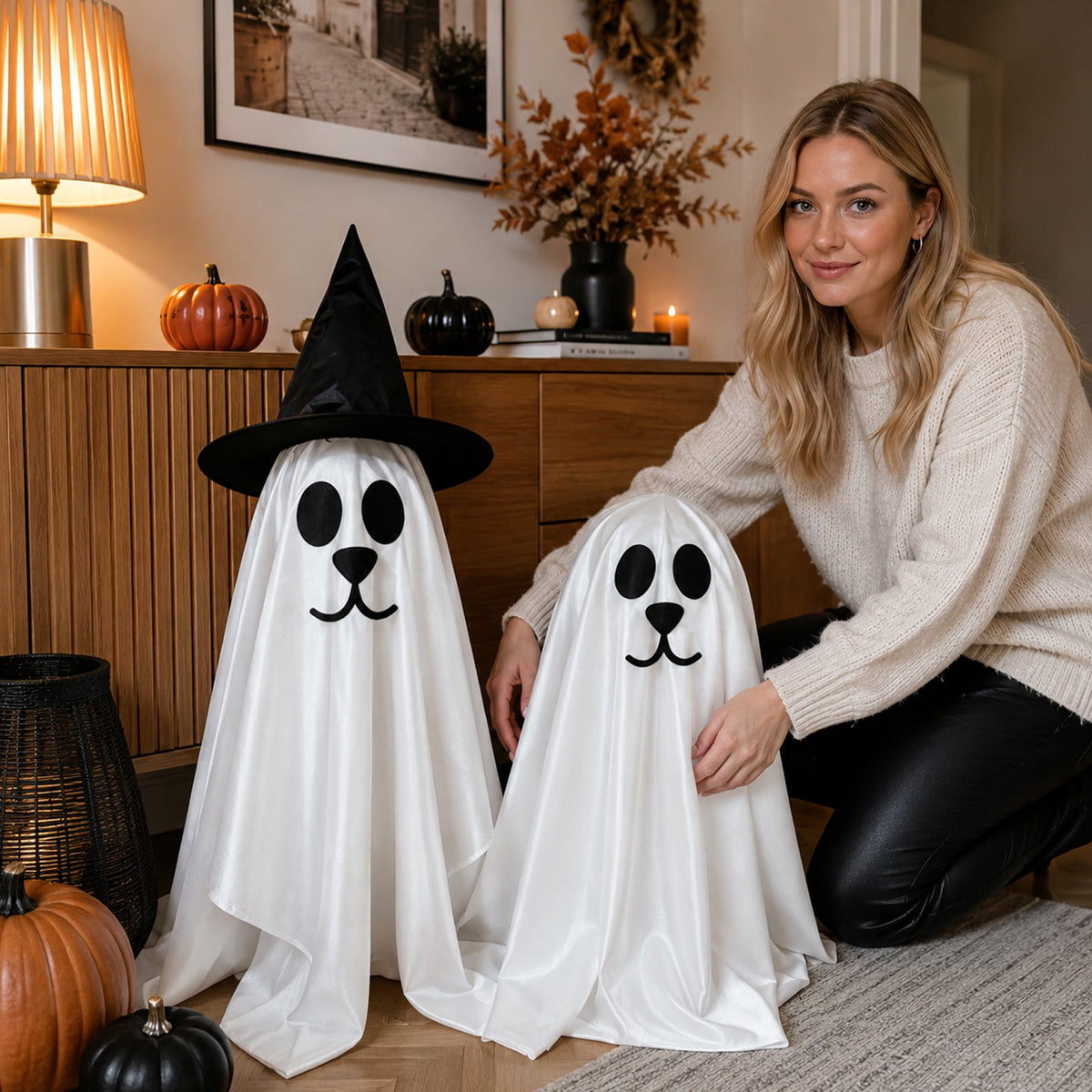 Haunt & Co 2 Pack Standing Ghost Dog Halloween Decorations, Cute Spooky Yard Lawn Porch Decor, Weather Resistant Plastic Figurines for Outdoor Indoor Home Party Display
