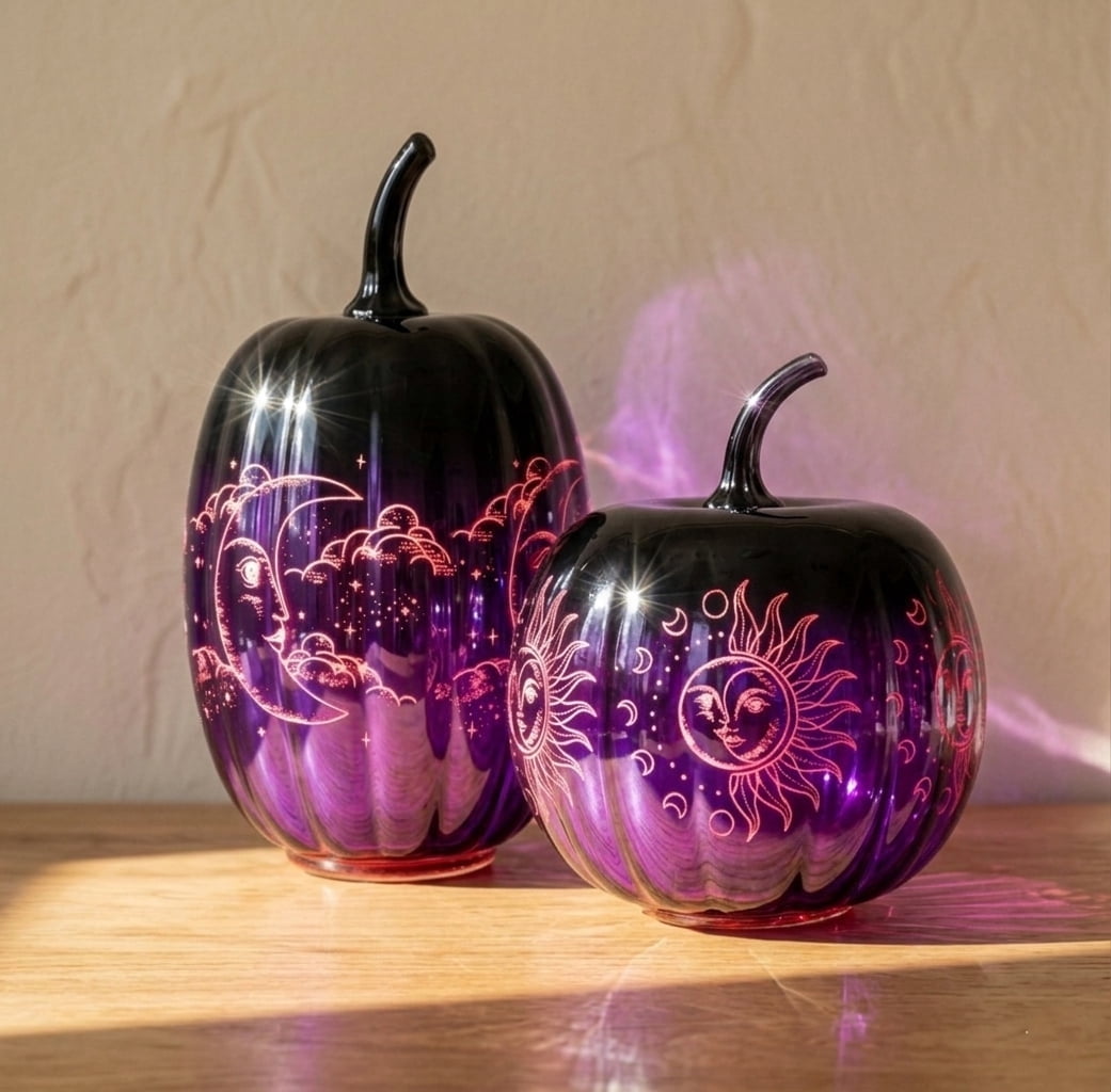 Haunt & Co 2pcs Fall Halloween Pumpkin-Purple Glass Pumpkin Ornament with Enchanted Moon & Star Pattern and Built - in Fairy Lights for Decor