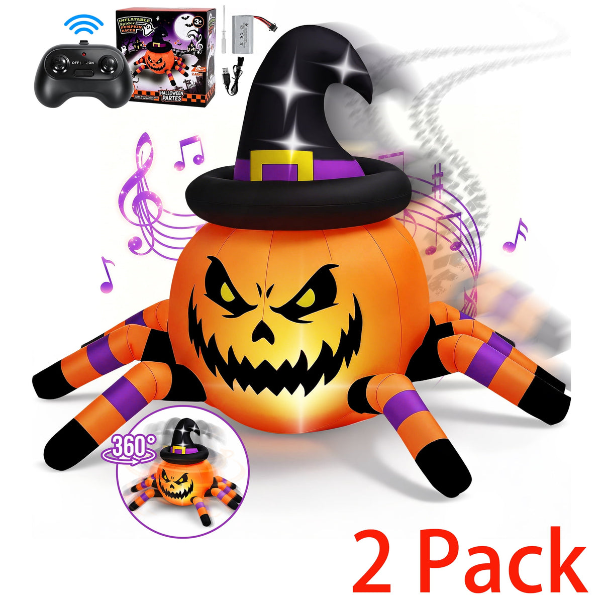 Haunt & Co (2 pack) 2.6ft Remote Control Halloween Inflatable with Music Lights,Pumpkin Spider Car Blow ups Rc Car,Indoor Outdoor Decorations