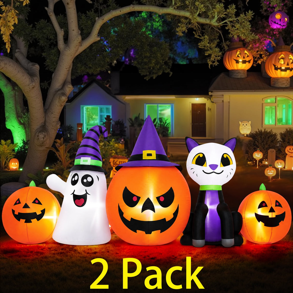Haunt & Co (2 pack) 8FT Halloween Inflatable Pumpkins Ghost Cat with Lights,Blow ups Outdoor Decorations