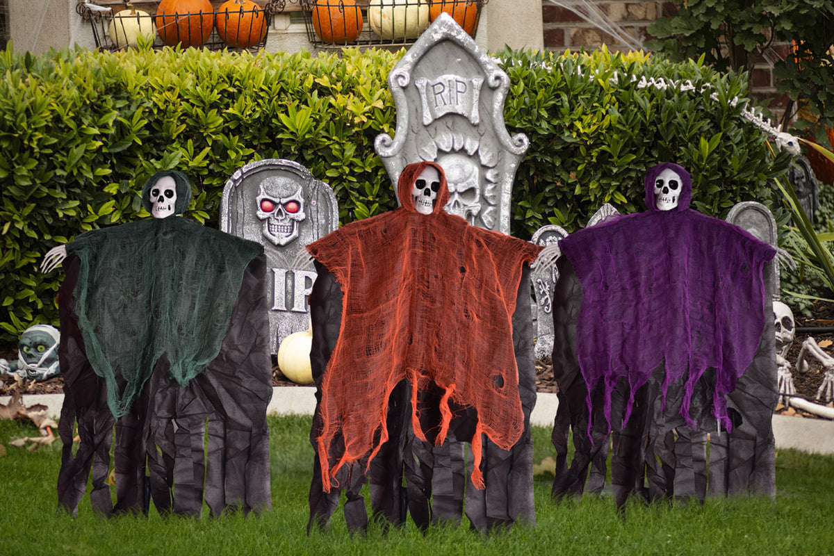 Haunt & Co Nifti Nest Halloween Skeleton, 3 Pcs Ghost Decorations, Halloween Props, Black,Green,Red