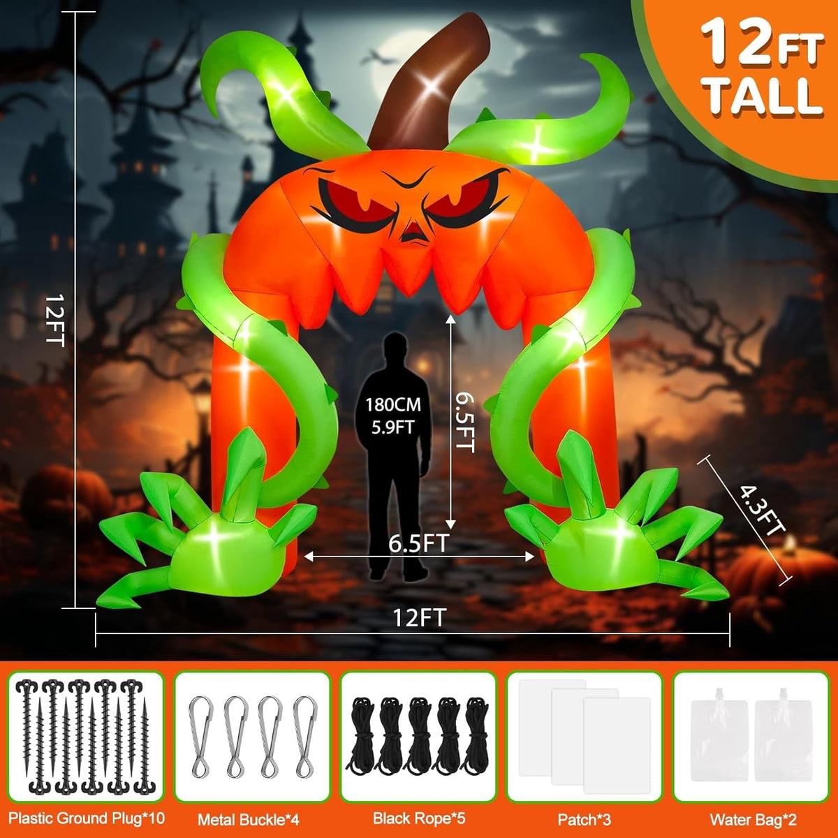 Haunt & Co 12FT Giant Halloween Pumpkin Arch Inflatable with LED Lights, Scary Blow-Up Decoration