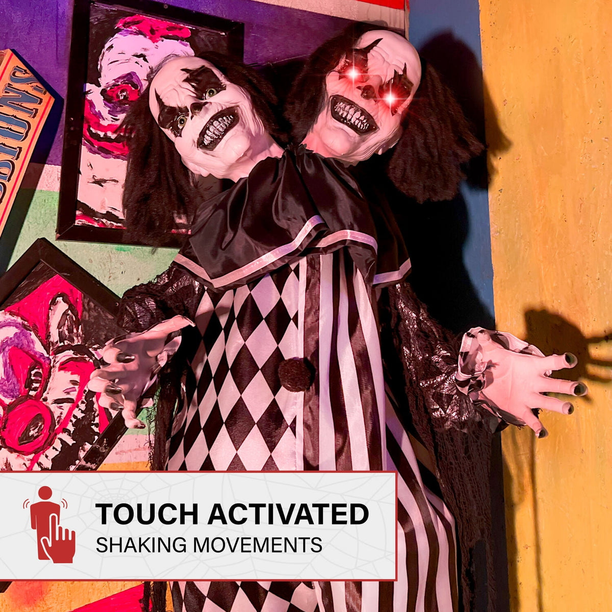 Haunt & Co Lifesize 5.5 ft Animatronic Two-Headed Clown with Lights and Sound, Indoor/Outdoor