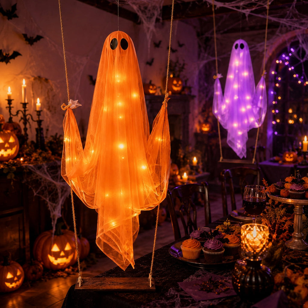 Haunt & Co Halloween Outdoor Hanging Ghost Halloween Hanging Ghost Decorations Battery Operated Swinging Ghost Prop Sheer Gauze Glowing Specter Swing Ornament for Yard Window Indoor Outdoor Display,Saffron