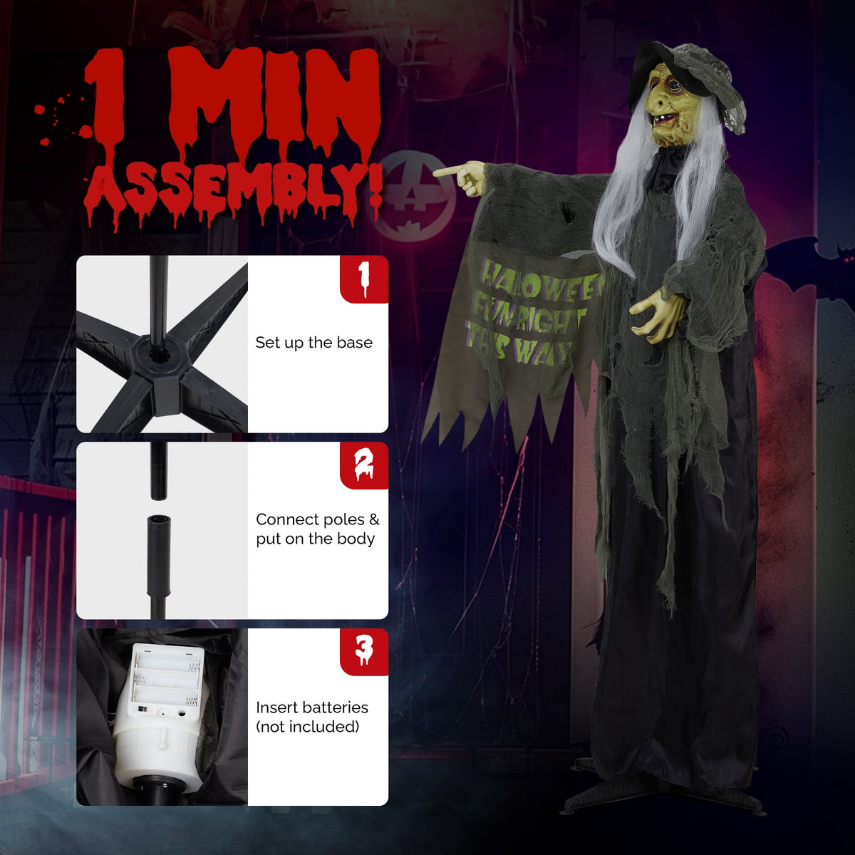 Haunt & Co 6FT Halloween Animatronic Witch Standing Outdoor w/ Red Eyes,Scary Sounds