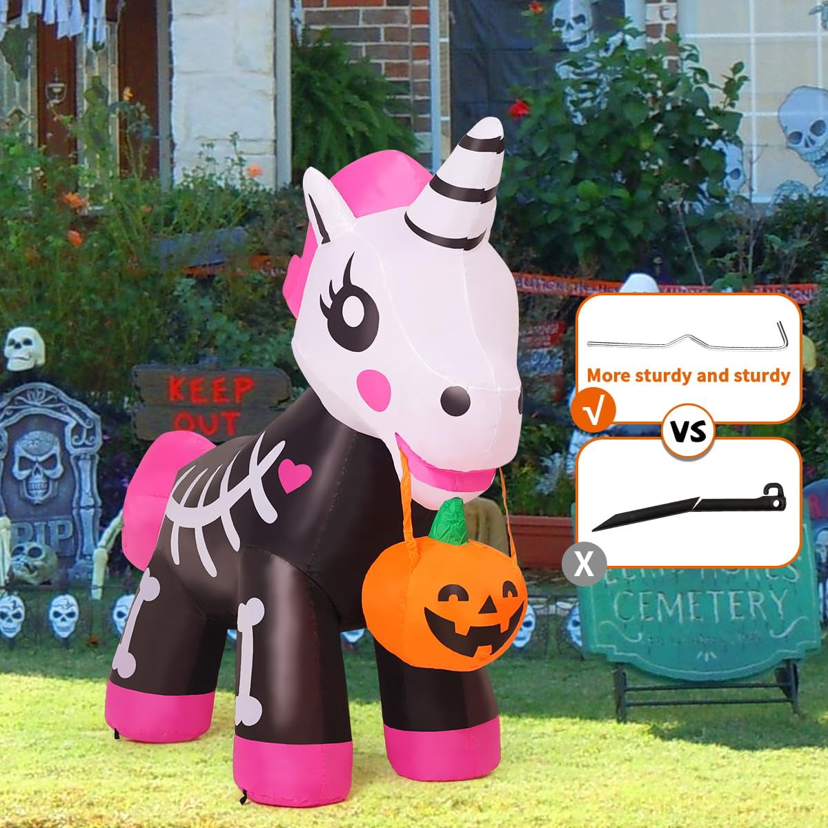 Haunt & Co COMIN 5 FT Halloween Inflatables Skeleton Unicorn Outdoor Decorations Blow Up Yard Pink Cute with Built-in LEDs