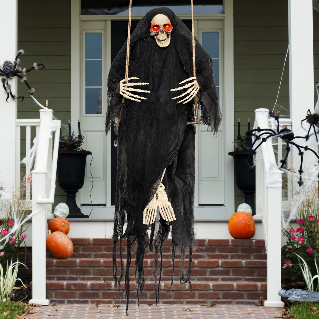 Haunt & Co 3 FT Halloween Hanging Swinging Skeleton,Light Up Creepy Grim Reaper with Black Hood Decorations for Halloween Hanging Decorations Indoor Outdoor Yard Home Decorations