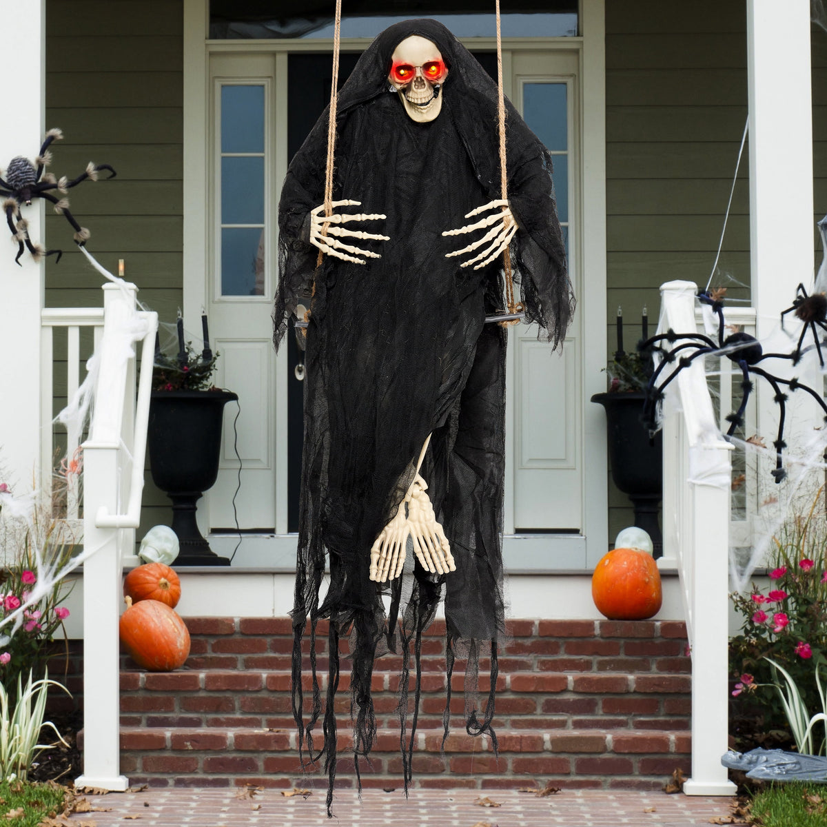 Haunt & Co 3 FT Halloween Hanging Swinging Skeleton,Light Up Creepy Grim Reaper with Black Hood Decorations for Halloween Hanging Decorations Indoor Outdoor Yard Home Decorations