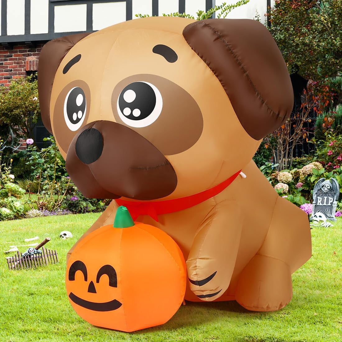 Haunt & Co COMIN 5 FT Halloween Inflatables Dog Outdoor Yard Decorations Blow Up Pug Holding Pumpkin with Built-in LEDs