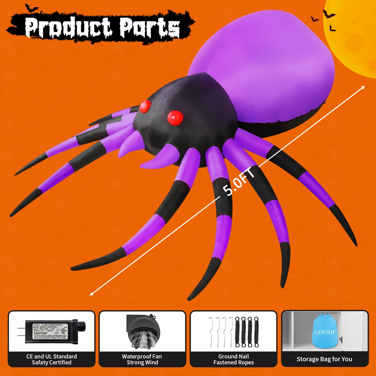 Haunt & Co Halloween Inflatable 5 FT Halloween Spider Inflatable, Inflatable Halloween Spider Halloween Blow Up Spider with LED Lights, Outdoor Clearance for Halloween/Holiday/Party