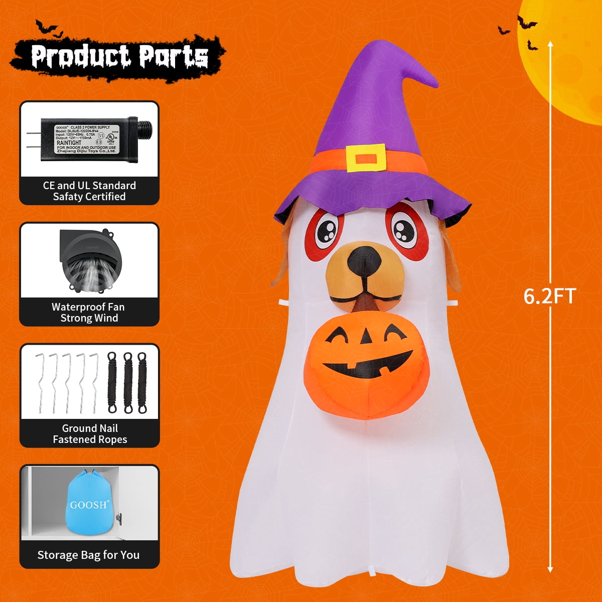 Haunt & Co Halloween Inflatables 6 FT Inflatable Ghost Dog with Pumpkin in Mouth & Witch Hat, Halloween Ghost Dog Inflatables with LED Lights, Outdoor for Halloween Holiday Party