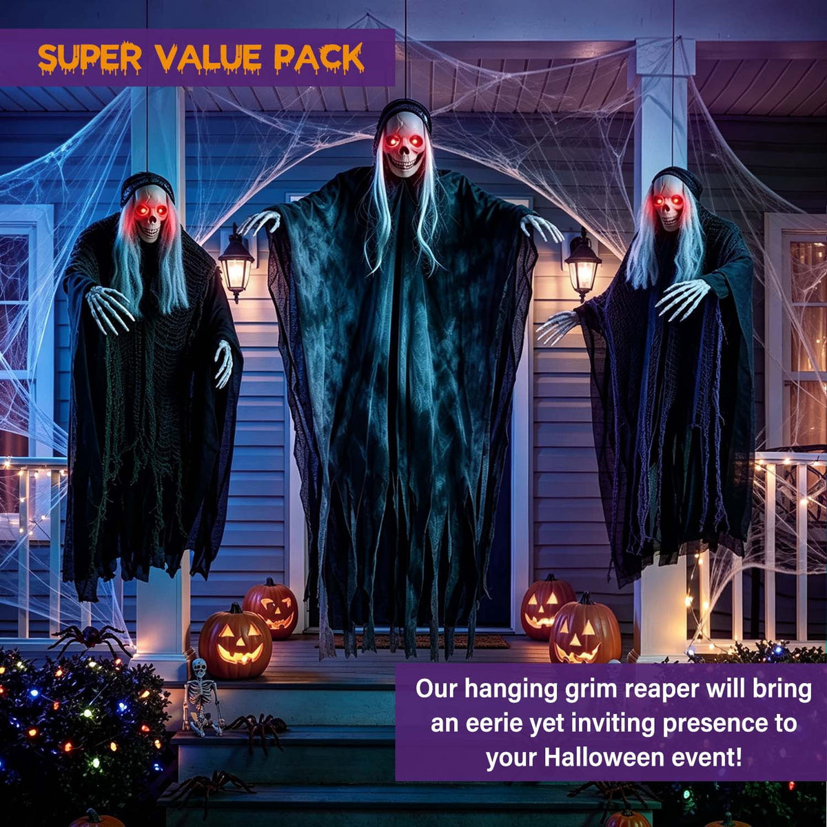 Haunt & Co 3 Pack Hanging Skeleton Ghosts for Outdoor, Grim Reaper for