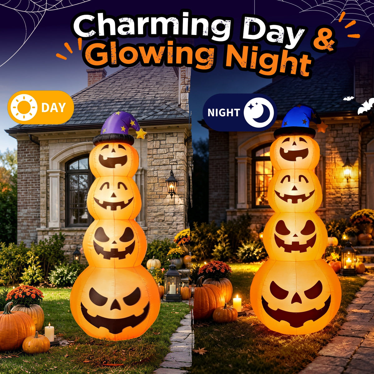 Haunt & Co 8ft Halloween Inflatable, Stacked Pumpkins with Witch Hat and Built-in LED Lights, Outdoor