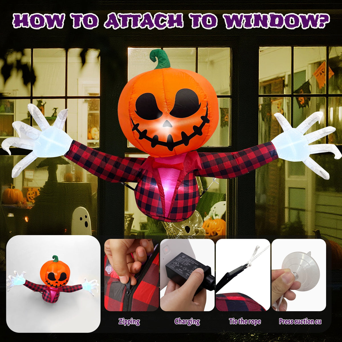 Haunt & Co 5 FT Halloween Inflatable Pumpkin Ghost - Outdoor LED Blow-Up Decoration with Giant Arms, Light-Up Eyes, Waterproof Yard Decor